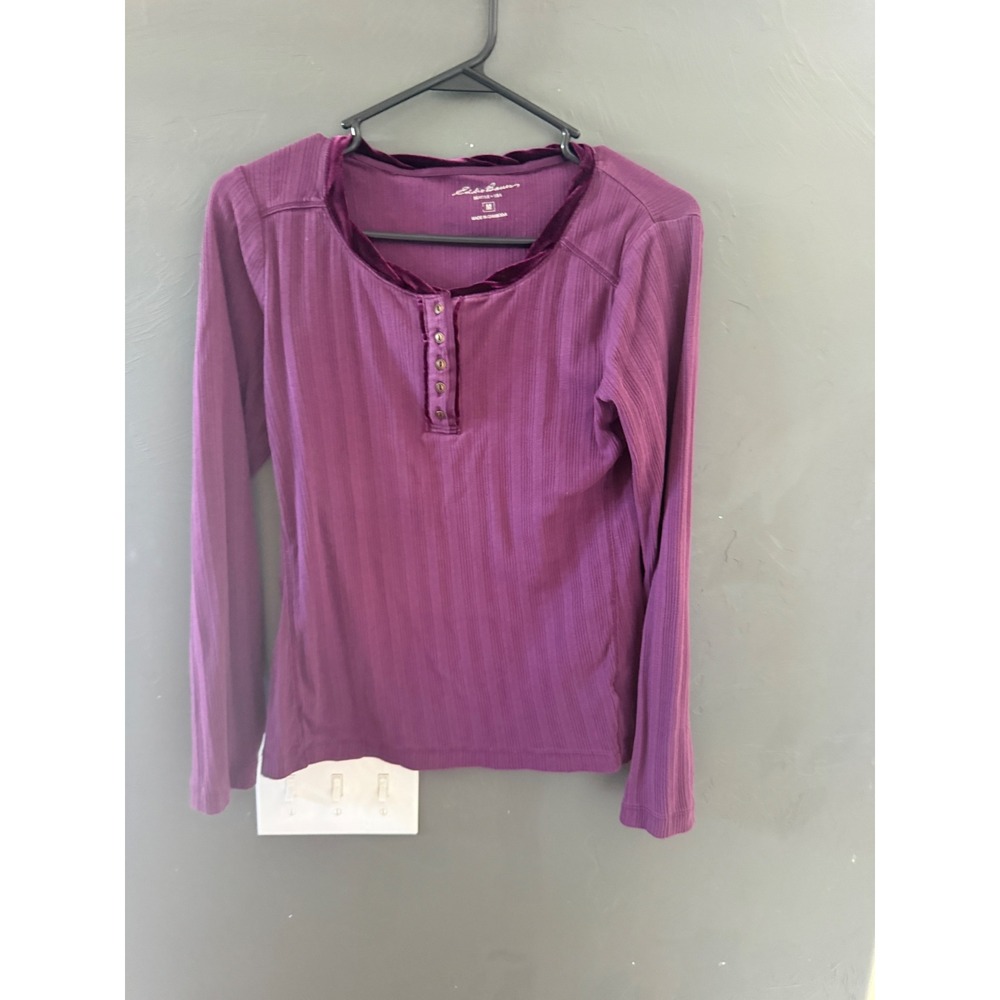 Eddie Bauer Y2k Vamp Whimsigoth Ribbed Cotton Henley Top Purple Velvet Trim M